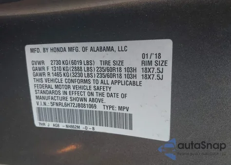2018 Honda Odyssey Ex-L z USA, uszkodzony, nr VIN 5FNRL6H72JB081069